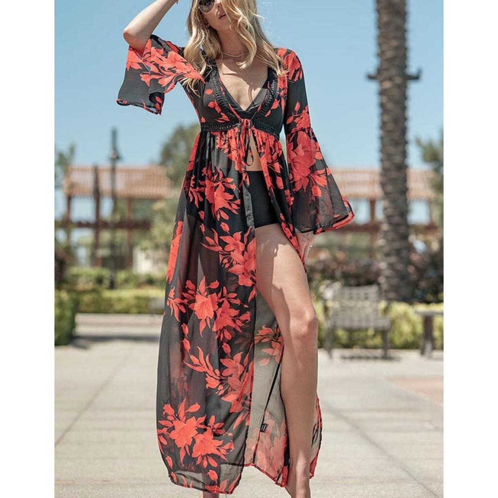 NEW TREND:NOTES floral print maxi coverup cardigan in red